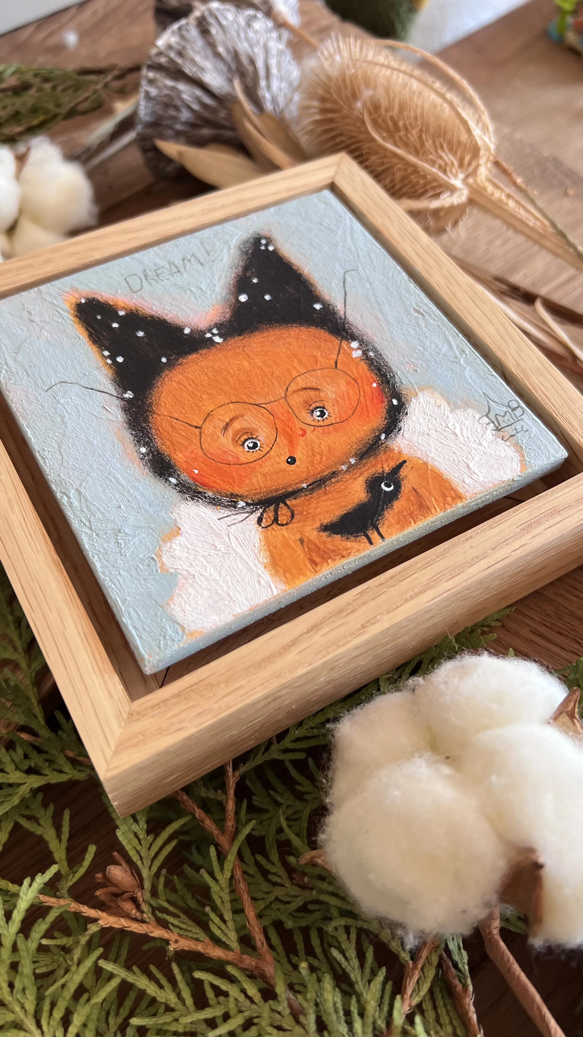 Зображення "Лис та ворона" від Альона Кравченко, розмір: 13х13 см, матеріали: акрил,кольорові олівці, дерево, місто: Україна, ціна: $50 Фото 2 з 2.